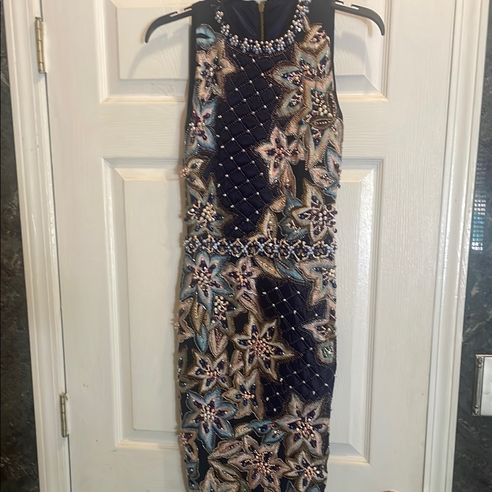 Elegant Beaded Floral Dress - Navy and Gold